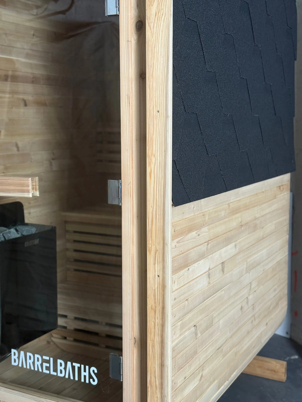 cube sauna upclose of front facade