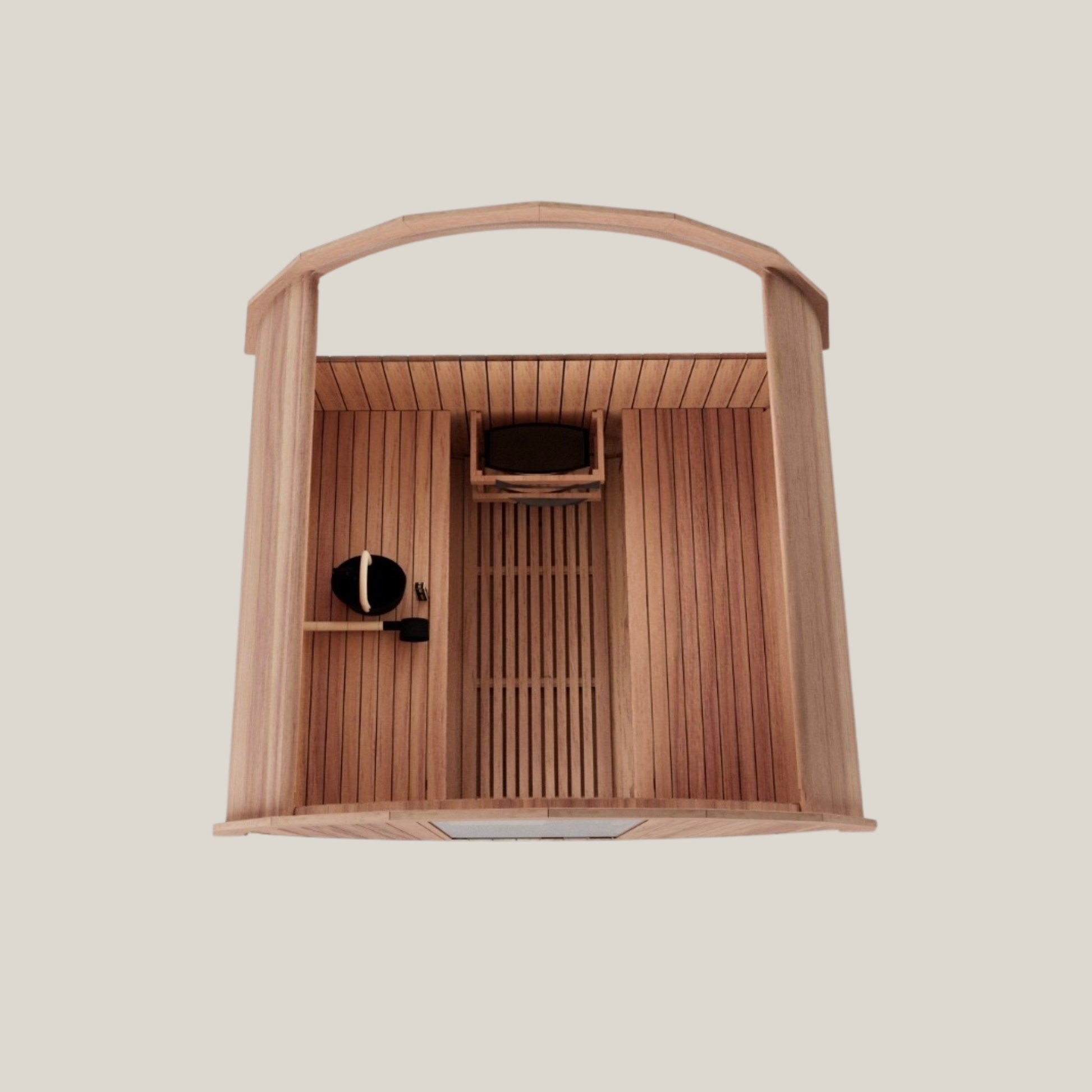 barrel sauna birds eye internal view