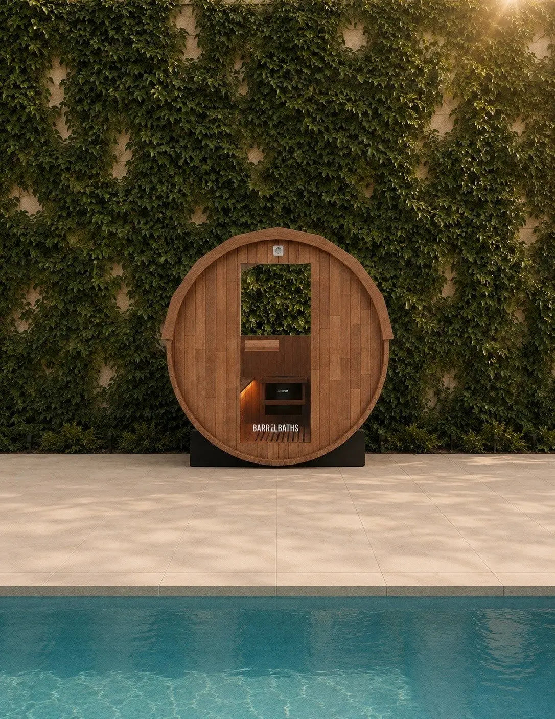 barrel sauna infront of vine wall