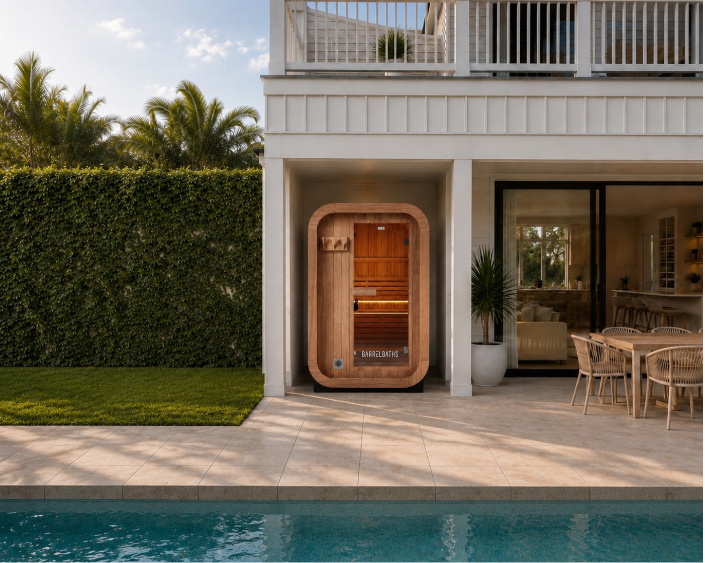 cube sauna in modern coastal backyard