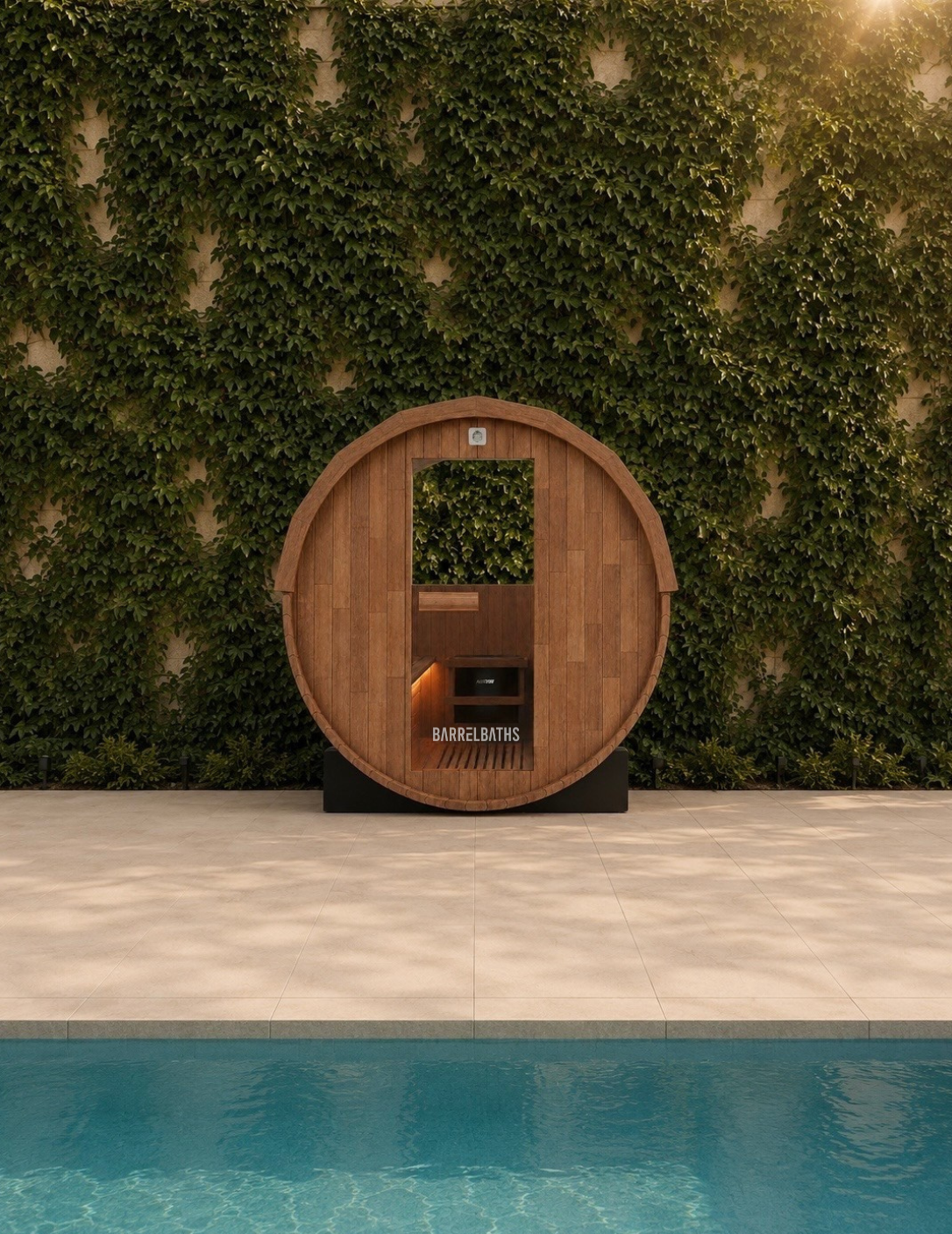 barrel sauna by pool